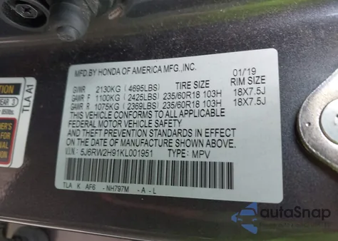 2019 Honda Cr-V Touring z USA, uszkodzony, nr VIN 5J6RW2H91KL001951